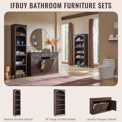 IFBUY Triple Tilt Out Laundry Hamper Cabinet, 20 Gallon Farmhouse Trash Can Cabinet w/Drawer & Adjustable Shelf, Hidden Garbage Can Bin Cabinets w/Laundry Basket for Bathroom, Kitchen (Brown)
