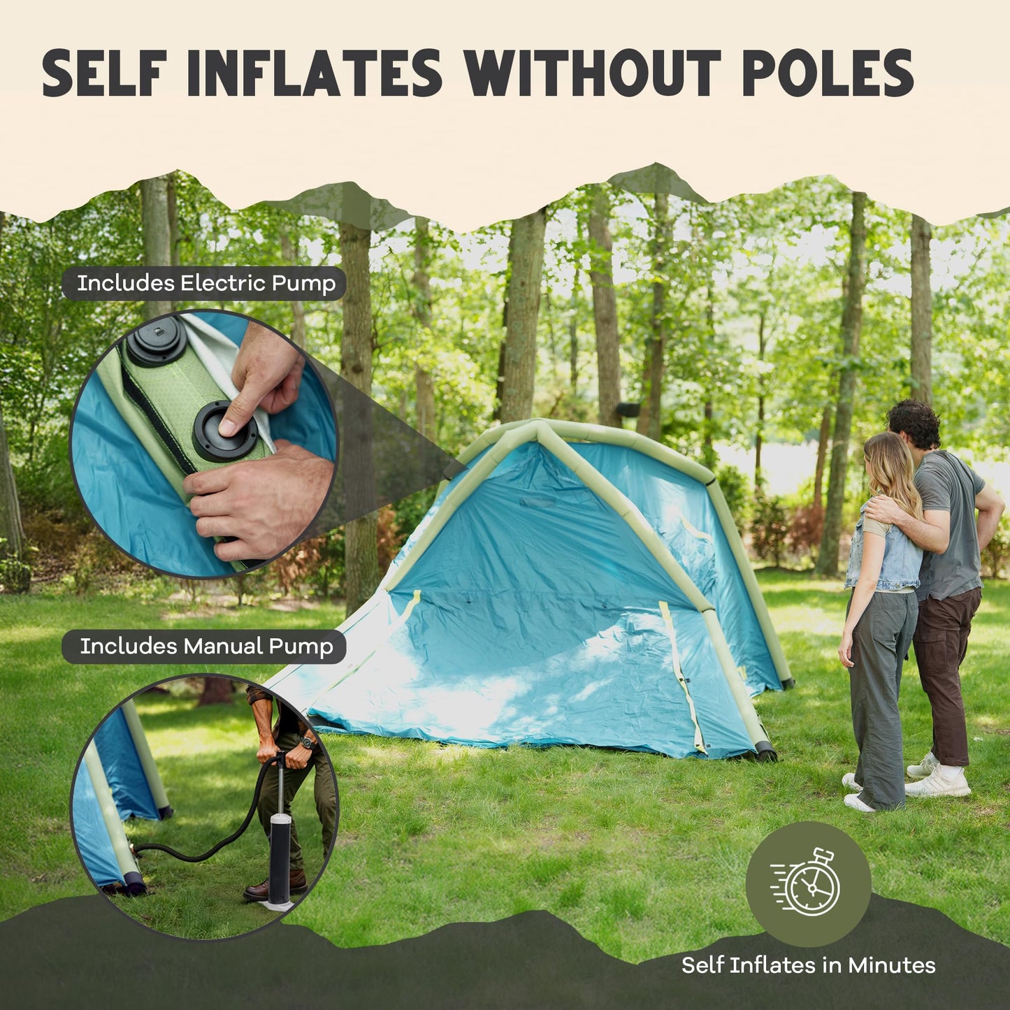 Oaktiv Inflatable Tents for Camping - CloudCamp Glamping Tent for 6 People Waterproof Oxford Fabric(210D), Quick Setup Air Tent with Manual & Battery Pump, UV Protection, 4-Season Inflatable Tent