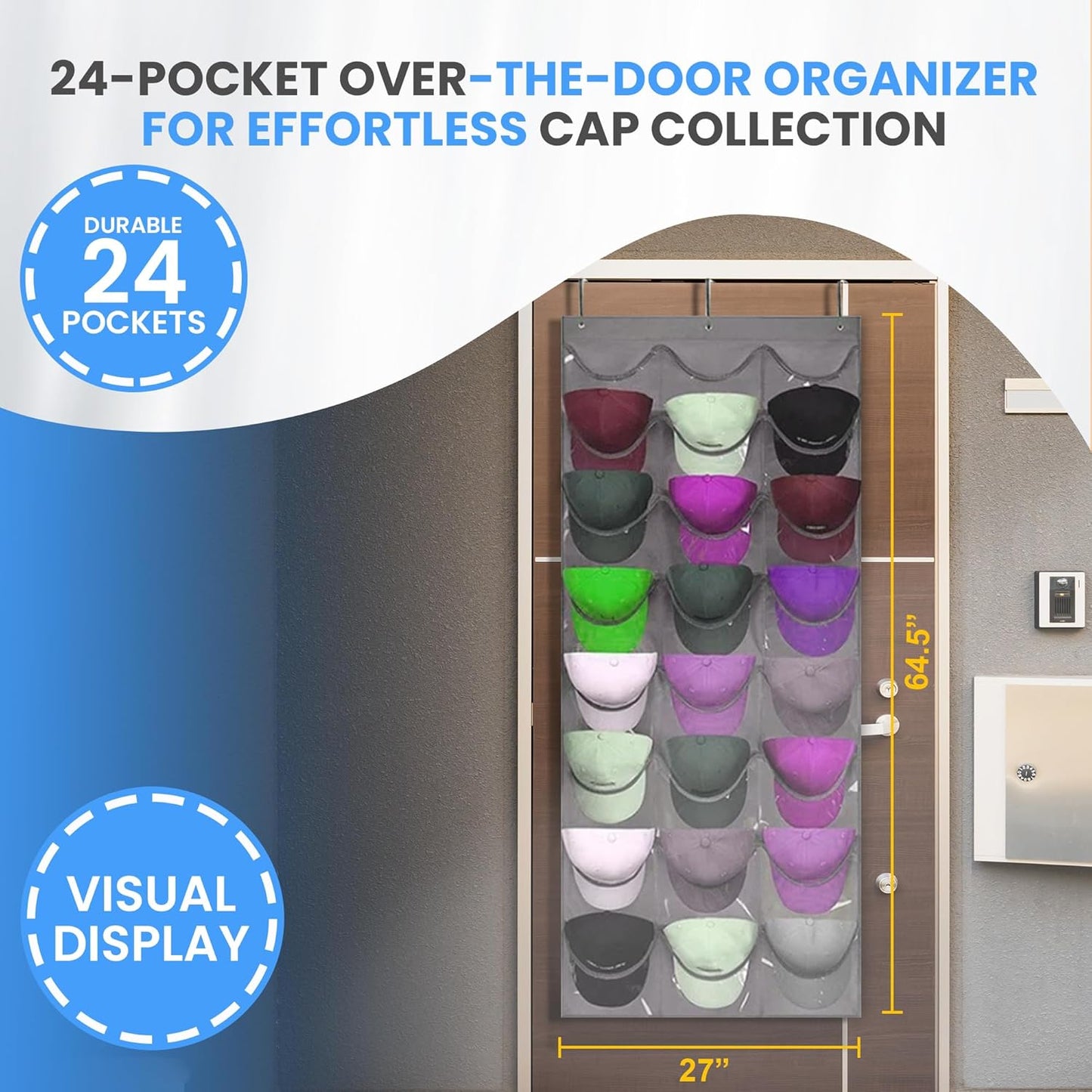 Premium Hat Rack Organizer for Wall or Door, 24 Clear Deep Pockets for Caps, Hooks Included