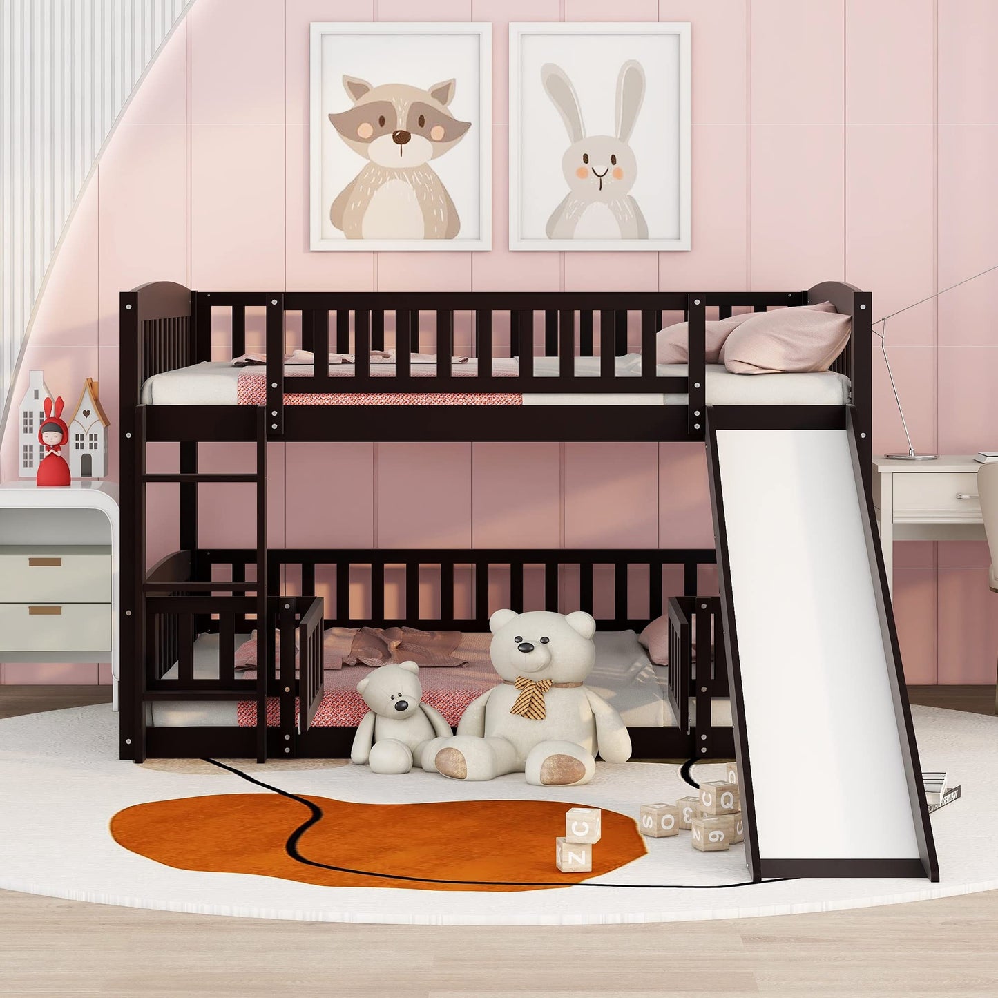 Bellemave Bunk Bed Full Over Full with Slide and Stairs, Bunk Bed for Kids, Girls, Boys, Floor Bunk beds with Fence and Door, Espresso