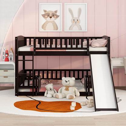 Bellemave Bunk Bed Full Over Full with Slide and Stairs, Bunk Bed for Kids, Girls, Boys, Floor Bunk beds with Fence and Door, Espresso