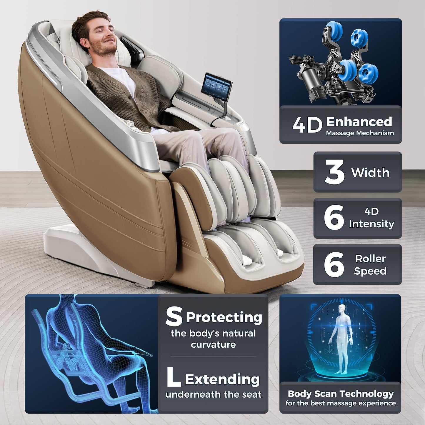 iBooMas 4D Massage Chair, IBM-P03 Full Body Massage Chair with Touchscreen, AI Voice & APP Control, Wireless Charger, Leg Roller, Auto Leg Extension, Heated Back, Waist, and Feet (Beige)