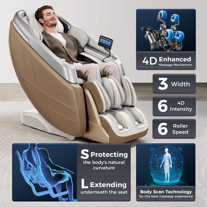 iBooMas 4D Massage Chair, IBM-P03 Full Body Massage Chair with Touchscreen, AI Voice & APP Control, Wireless Charger, Leg Roller, Auto Leg Extension, Heated Back, Waist, and Feet (Beige)