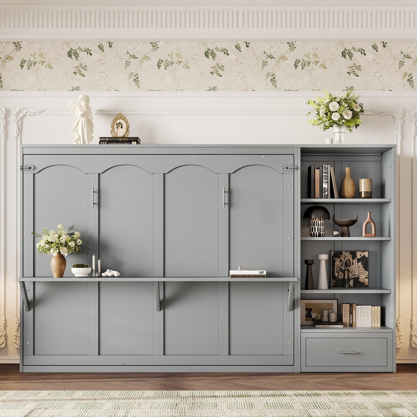 GDFStudio Queen Size Murphy Bed with Storage Compartments and Shelf, Wall Bed Frame with Adjustable Shelves and Drawer, Foldable Platform Bed for Guest Room Bedroom, Gray