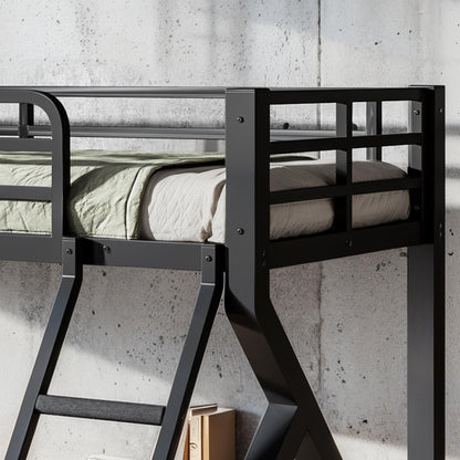 KEIKI Twin XL Over Queen Size Metal Bunk Bed Frame with Ladder & Guardrails, for Teens, Low Profile Design Modern Bunk Bed with Solid Slats, No Box Spring Required, Easy Assembly, for Bedroom, Black