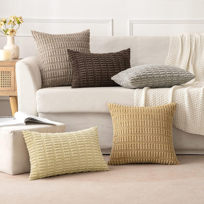 MIULEE Corduroy Decorative Throw Pillow Covers - Soft Boho Striped 18x18 Inch for Modern Farmhouse Decor | Light Brown
