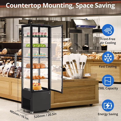 10.5 Cu.Ft Refrigerated Display Case, Floor-Standing Display Refrigerator with LED Light and Adjustable Shelves, Commercial Display Fridge with Casters for Cakes, Coffee, Bakery, Supermarkets, Store