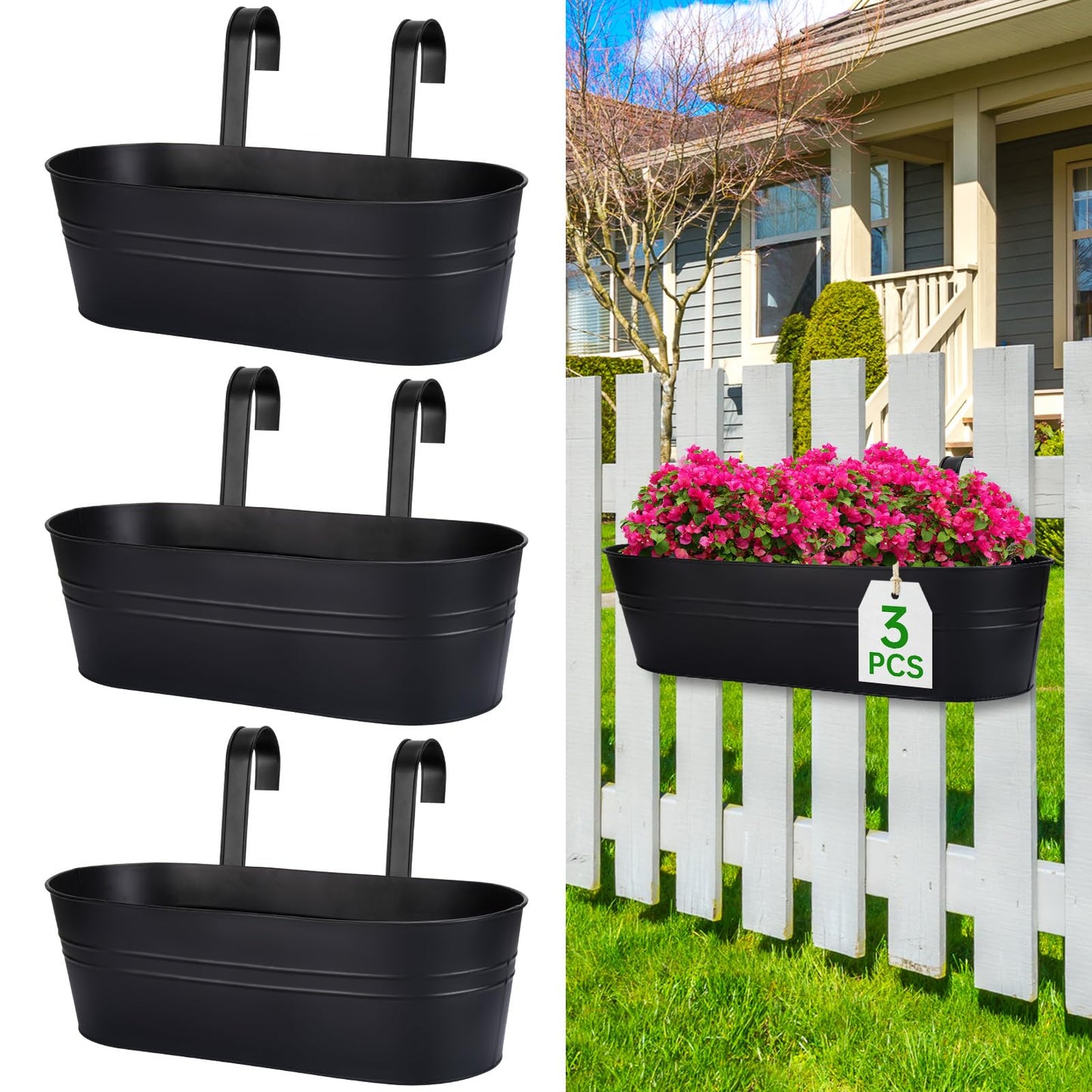 OGIMA Railing Planter Box, 3 Pack 16" Large Hanging Planters for Outdoor Plants with Adjustable Wide Hooks for 2.7'' Railings, Balcony Planters Railing Hanging for Deck, Fence & Patio Decor