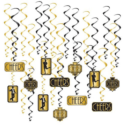Beistle Great 20s Whirls – 24-Pack Art Deco Hanging Swirl Decorations with Metallic Gold & Black Spirals, 1920s Party Ceiling Decor for Roaring Twenties, Jazz Age Events, and New Year’s Eve, 17"–32"