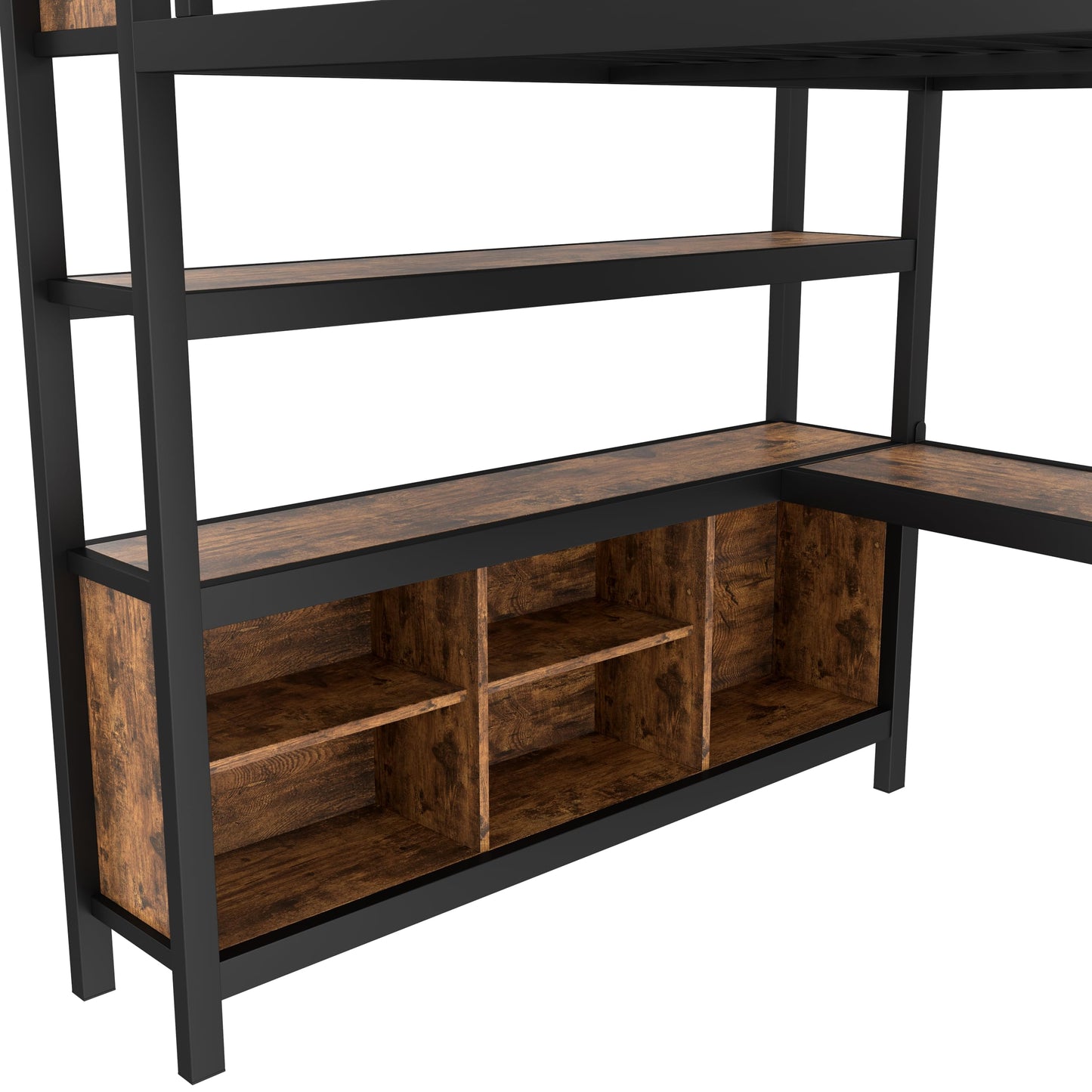 Ball & Cast Metal Loft Bed with Wardrobe and L-Shaped Desk,Queen Size Loft Bed with Storage Cubes and Shelves,Heavy Duty Loft Bed Frame for Kids Teens Adults,No Box Spring Need,Black+Brown