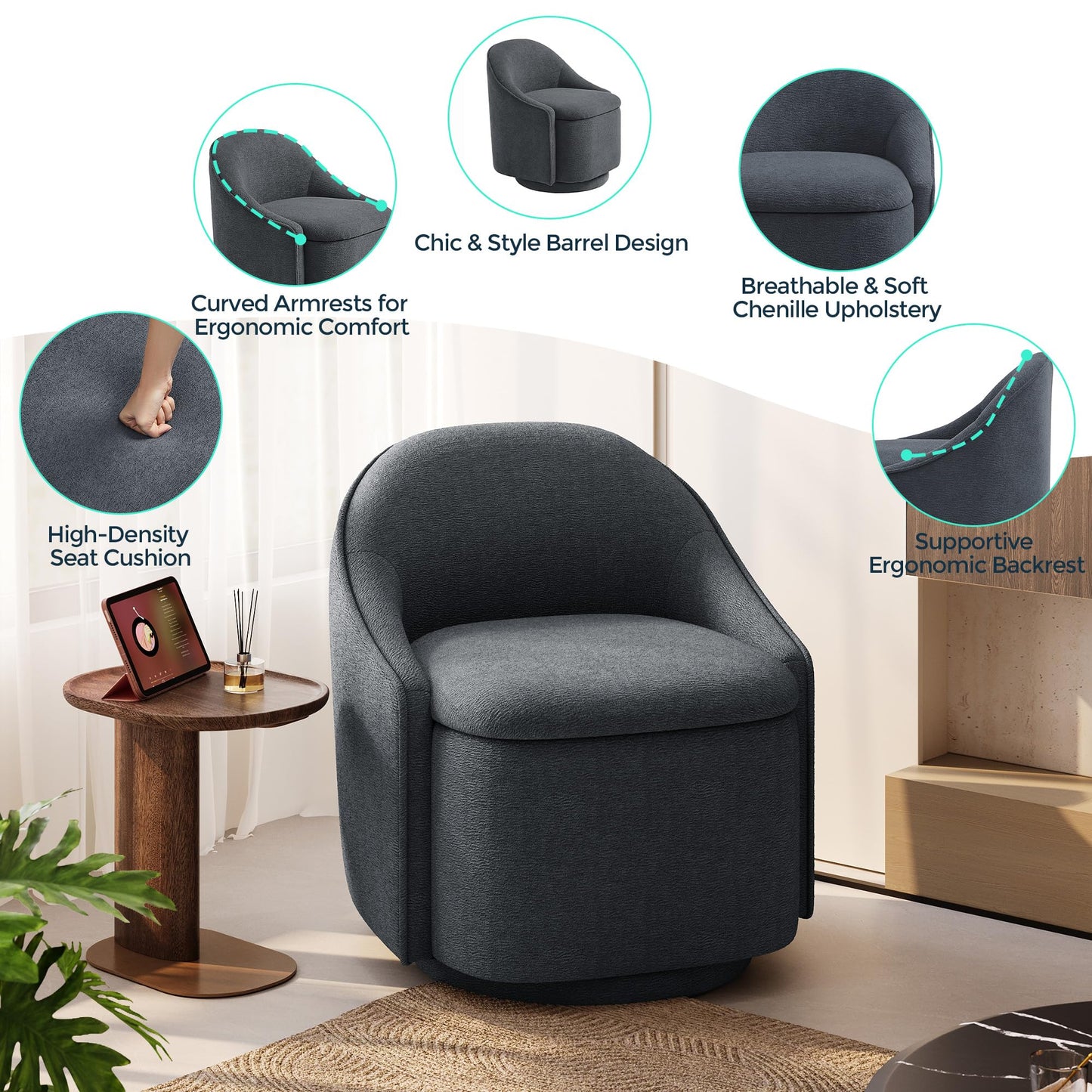 LINSY Swivel Accent Chair Set of 2, Comfy Chenille Barrel Chairs with Storage 360 Swivel Modern Armchair for Living Room Bedroom, Small Boucle Reading Chair for Study Room (Grey)