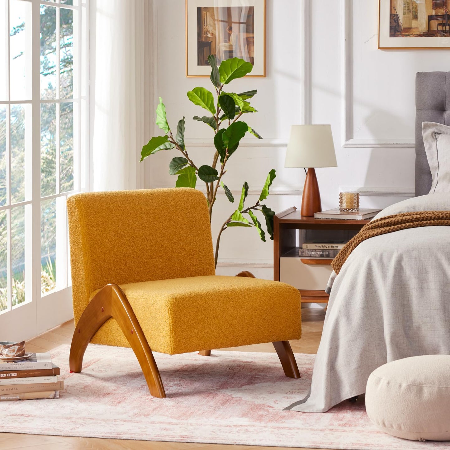 MILCIL Oversized Accent Chair, upholstered armless mid Century Modern Living Room Chair with Wooden Legs for Bedroom/Office/Cafe, Sherpa Yellow