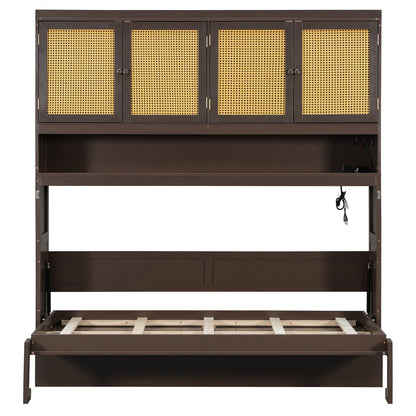 Merax Twin Murphy Bed Frame with Top Cabinet, Multi Storage Shelves & 4 Ratten Doors, 2-in-1 Bed Desk Space Saving Foldable Wall Bed with Light & USB Charging Ports, Espresso