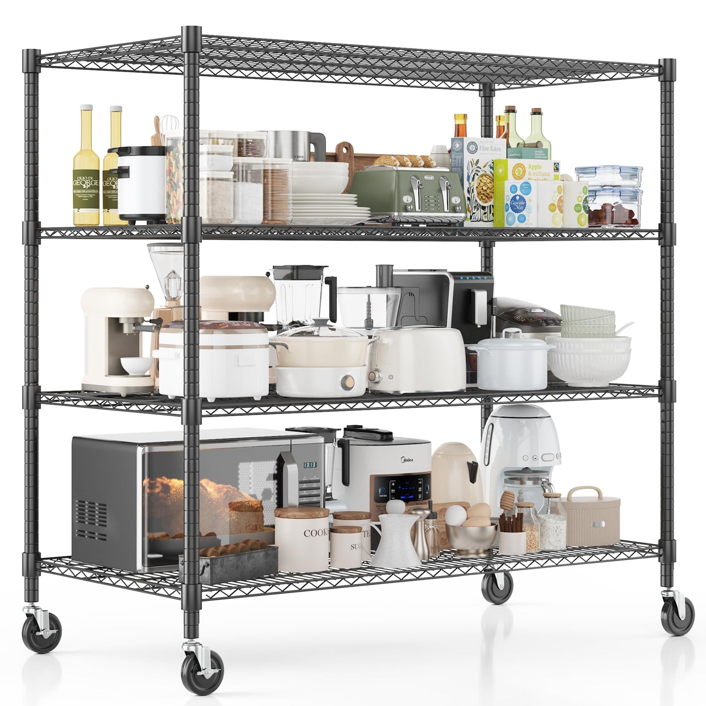 Homdox Heavy Duty Metal Shelves for Storage, 4 Tier Storage Racks and Shelving, Commercial Adjustable Wire Shelving Unit on Wheels, Garage Rack Pantry Shelves Kitchen Shelving, 24"x60"x72", Black