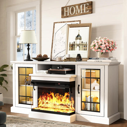 MXV 59'' Fireplace TV Stand, Farmhouse Entertainment Center with 3 Sided Glass TV Stand, Modern Media Console Table with Storage Drawers & Cabinets with LED Flame and Lights for Living Room, White