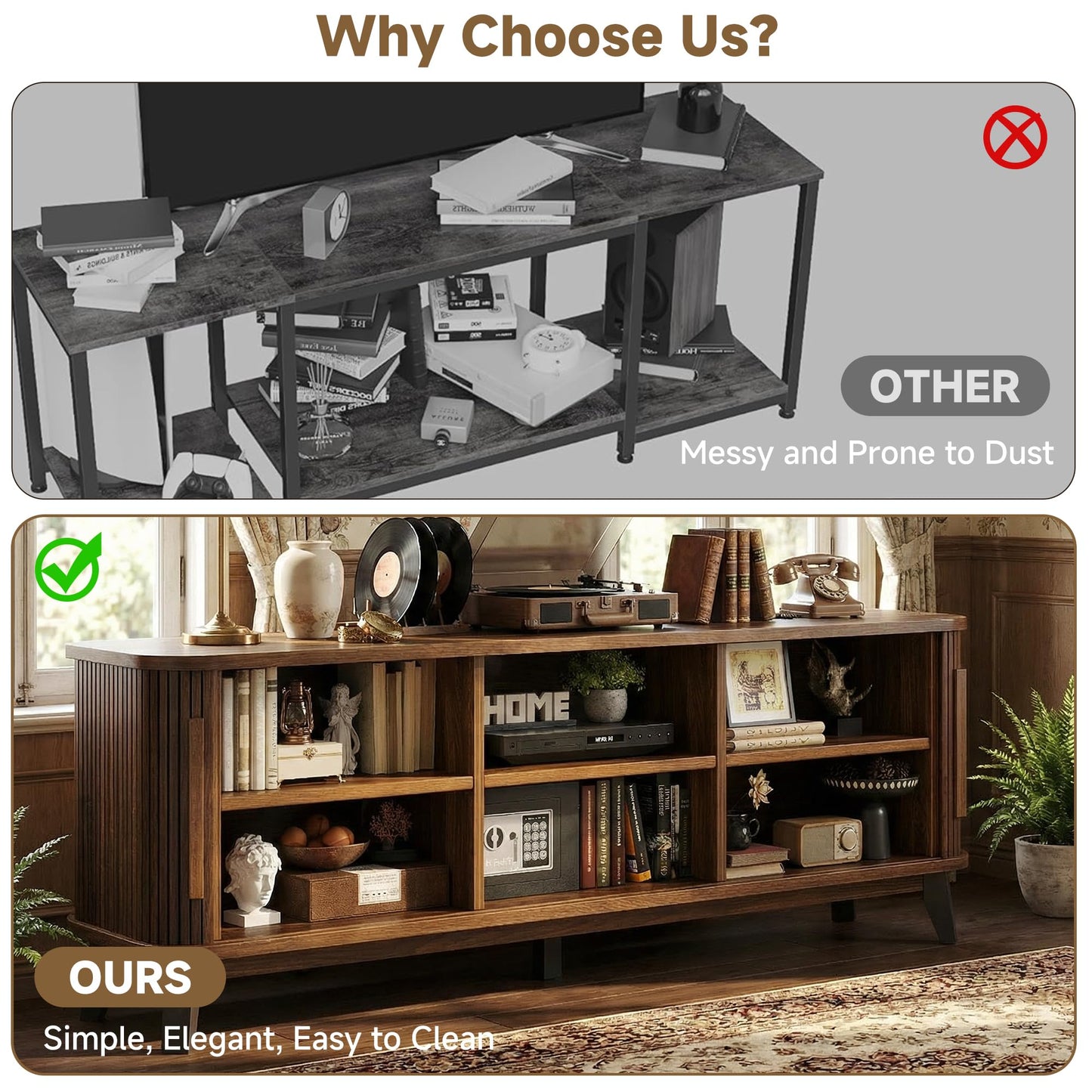 66" Mid Century Modern TV Stand, Wood Curved Entertainment Center for TVs up to 80" with Sliding Doors & Adjustable Shelves, Media Console with Storage & Solid Wood Leg for Living Room, Walnut
