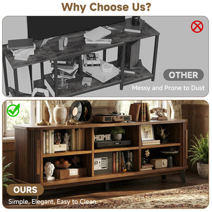 66" Mid Century Modern TV Stand, Wood Curved Entertainment Center for TVs up to 80" with Sliding Doors & Adjustable Shelves, Media Console with Storage & Solid Wood Leg for Living Room, Walnut