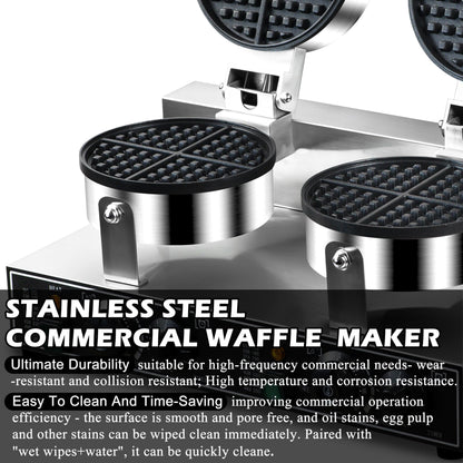 110V 2600W Commercial Double Waffle Maker,Non-Stick Commercial Waffle Baker,Stainless Steel Belgian Waffle Iron for Restaurant Party Food Stall, Bakery Snack Bar Family