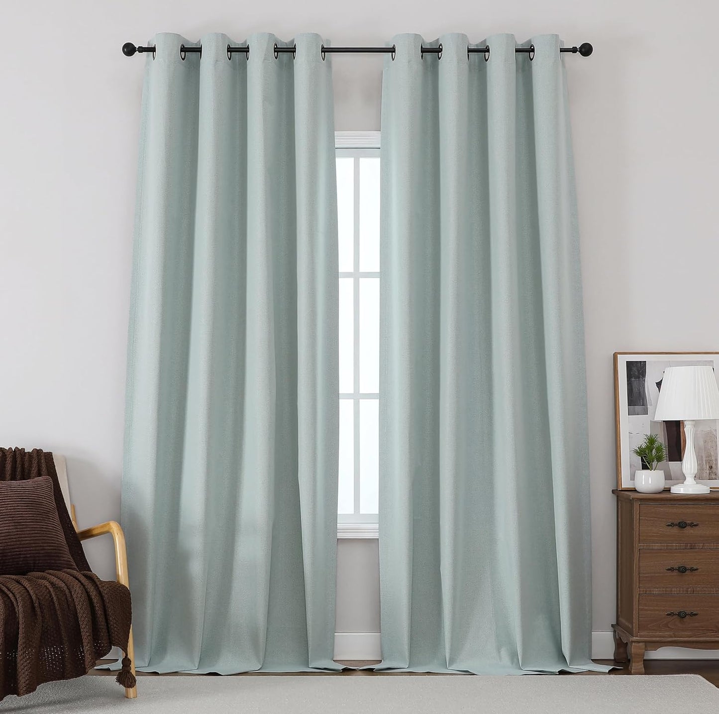 THOOO 100% Blackout Curtains - Natural Linen Texture | 84-Inch Thermal Insulated Grommet Panels in Sage Green for Bedroom & Nursery