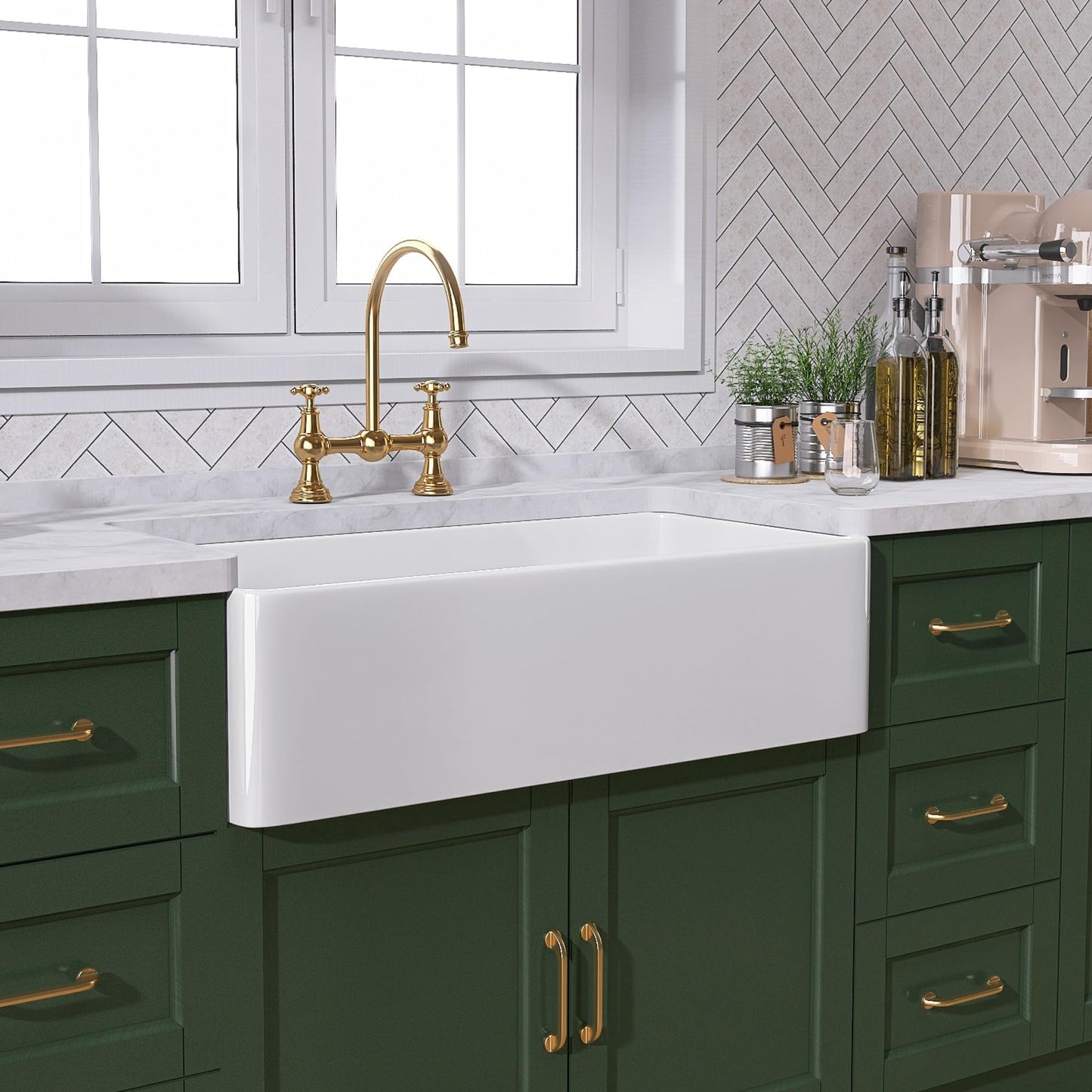 TUKTUK White Farmhouse Sink 33 inch Fireclay Apron Front Farm House Kitchen Sink Single Bowl Deep Drop In Undermount Reversible Heavy Duty Easy to Clean Porcelain Kitchen Basin Modern Luxury Accessory