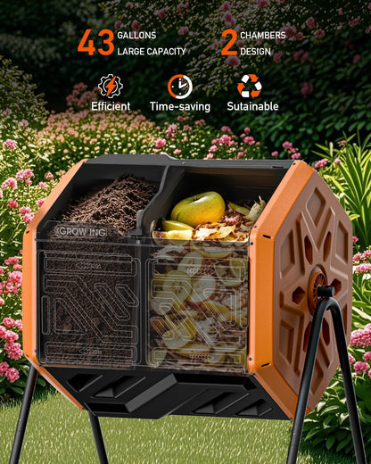 THEGROW'ING 43 Gallon Dual Chamber Compost Bin with Built-in Nuts, Outdoor Rotating Composter Tumbler for Garden Backyard, Orange