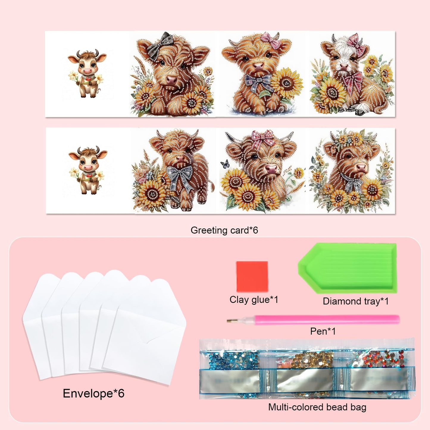 SHEGZHUC 6 Pack Diamond Painting Gift Card Diamond Art Kits for Adults Birthday Wedding Anniversary Greeting Get Well Congratulations Thank You Cards with Envelopes || Cows Sunflowers Animals