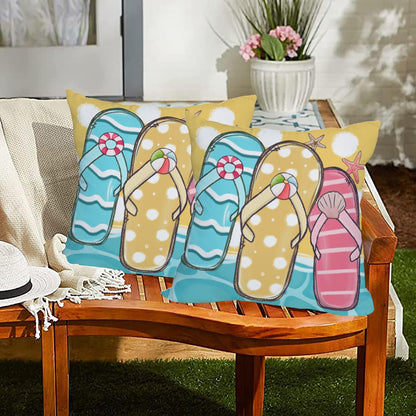 2 Pack Waterproof Summer Throw Pillow Covers 24x24 Inch, Blue Ocean Sea Sand Flip Flops Tropical Beach Decor