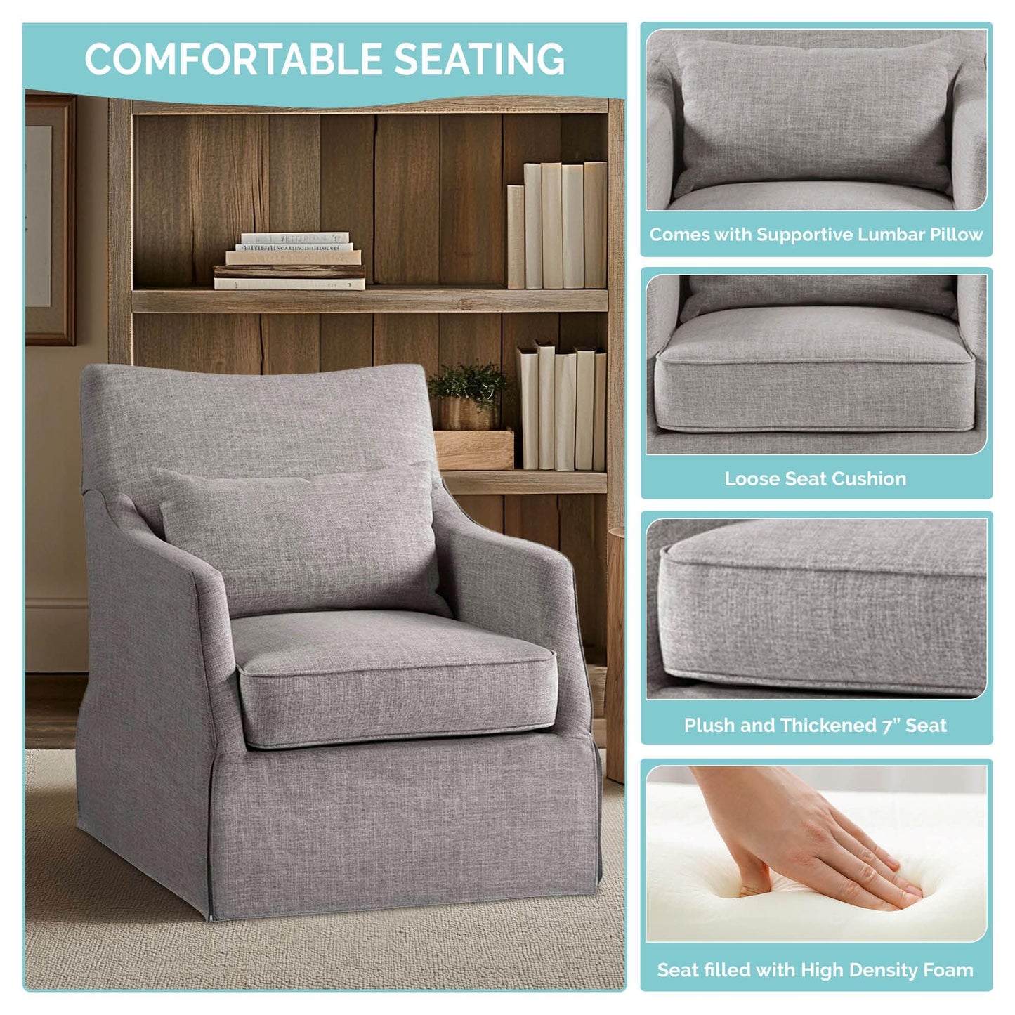 Martha Stewart London Swivel Chair - Solid Wood & Plywood, Skirted Metal Base Accent Armchair, Lumbar Pillow -Modern Classic Family Room Sofa Furniture Bedroom Lounge, 28"X31.5"X35.25", Grey