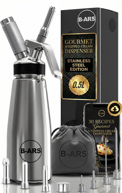 B-ARS Stainless Steel Whipped Cream Dispenser 500 ml Professional Siphon for Fresh Desserts Coffee Mousse Sauce with Nozzles Brush Recipe eBook Reusable Cream Maker for Barista Catering and Chefs Tool