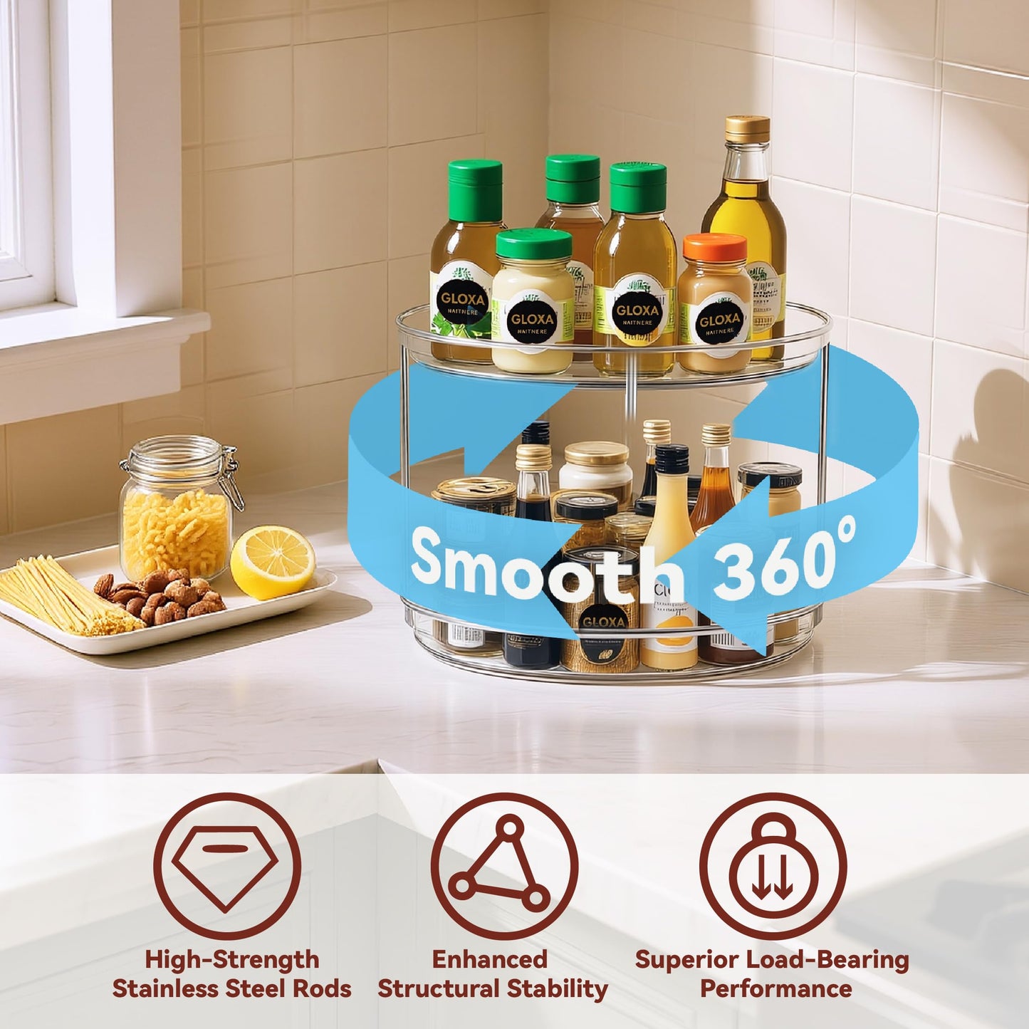 GLOXA 2 Tier Lazy Susan Turntable Organizer for Cabinet, 9.25'' Rotating Spice Rack Organization for Kitchen, Pantry, Bathroom, Vanity, Countertop, Medicine Storage, Seasoning Spice Organizer, 1 Pack