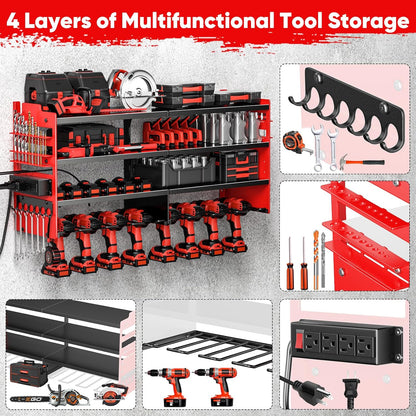POKIPO Heavy-Duty Tool Organizer - Wall-Mounted Charging Station with 4 Outlet Power Strip | 600lbs Capacity