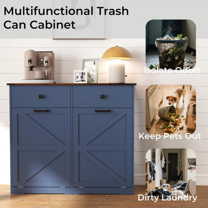 Blue Double Tilt Out Trash Cabinet for 20 Gallon Trash Cans, Free Standing Recycling Cabinet with Hideaway Drawer, Barn Door Style Laundry Sorter Cabinet, Tilt Out Trash Cabinet for Kitchen