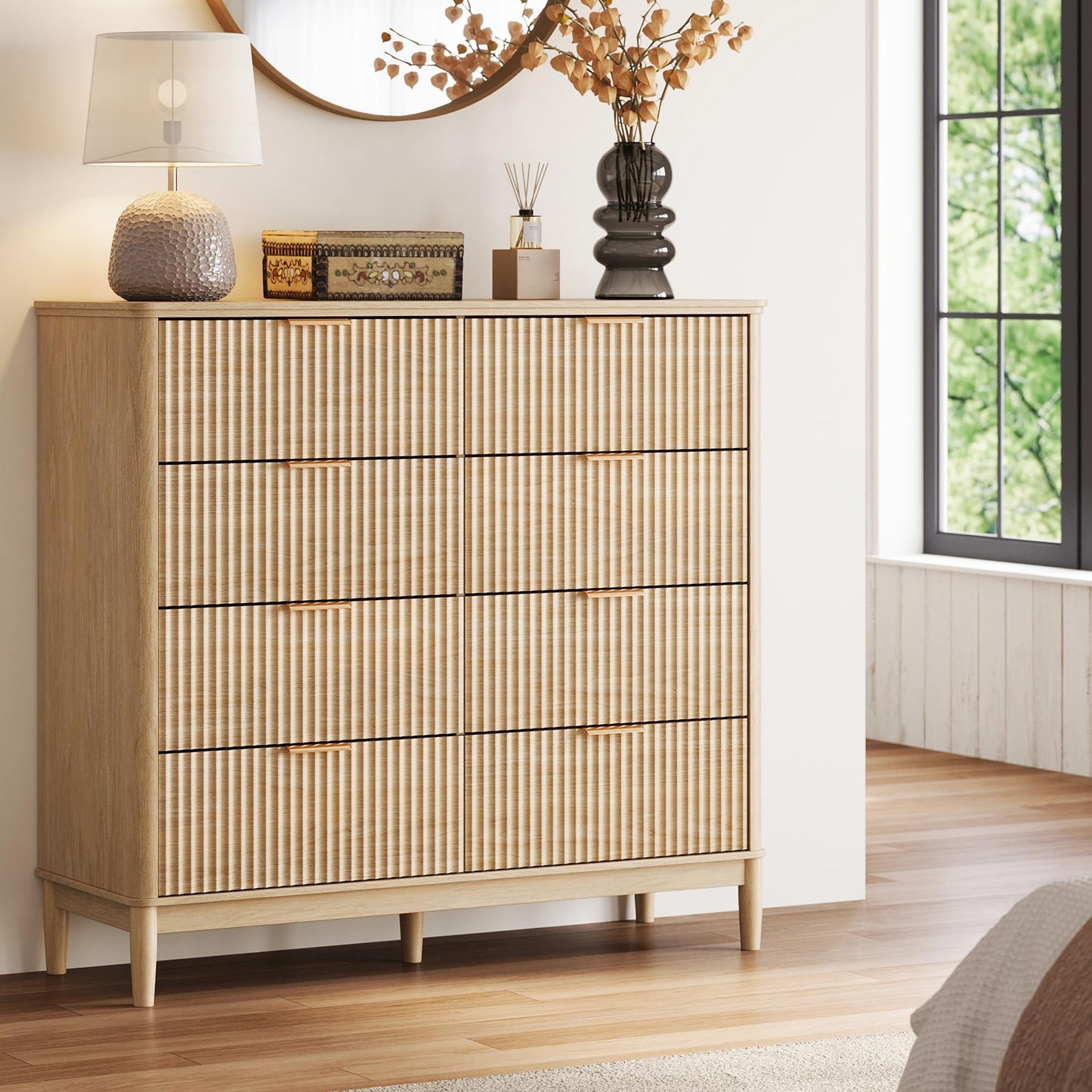 LINSY HOME Fluted Dresser for Bedroom with 8 Drawers, 47" Wide Mid Century Modern Dressers, Tall Boho Chest of Drawers, Large Wood Accent Storage Cabinet for Living Room, Curved Profile Design, Oak