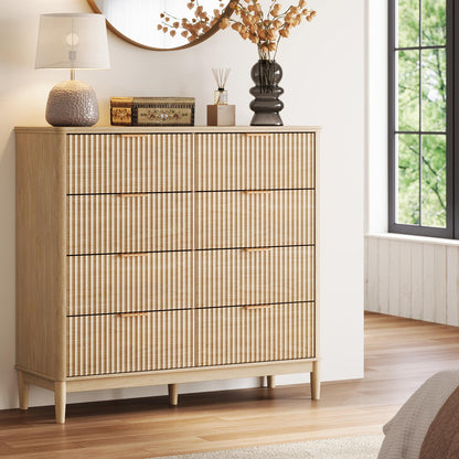 LINSY HOME Fluted Dresser for Bedroom with 8 Drawers, 47" Wide Mid Century Modern Dressers, Tall Boho Chest of Drawers, Large Wood Accent Storage Cabinet for Living Room, Curved Profile Design, Oak