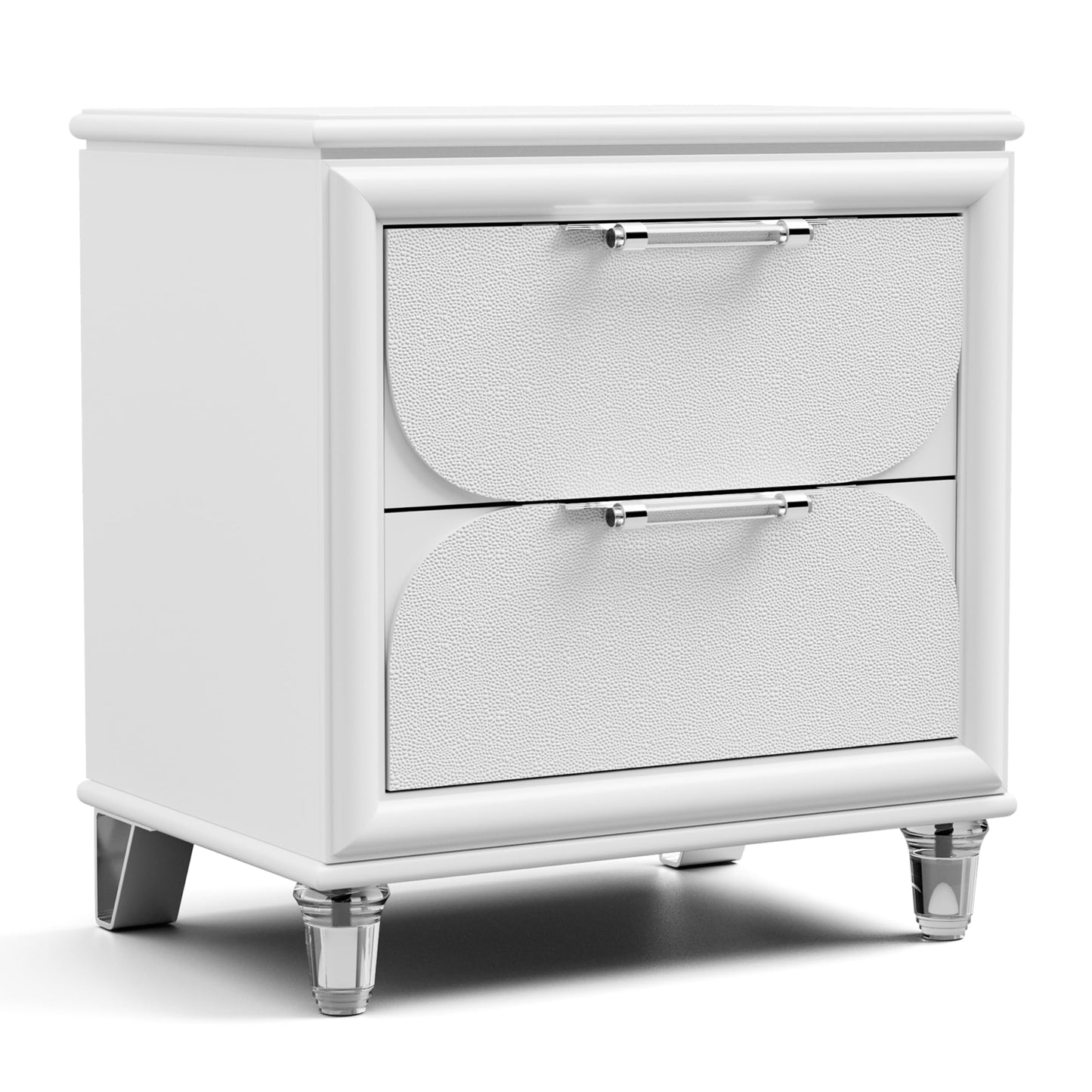 Furniture of America Leila Modern Solid Wood 22.5-inch 2-Drawer Nightstand with Embossed Panels, Metal Glide and Acrylic Handles, Easy Assembly Required for Bedroom, Guest Room, Pearl White