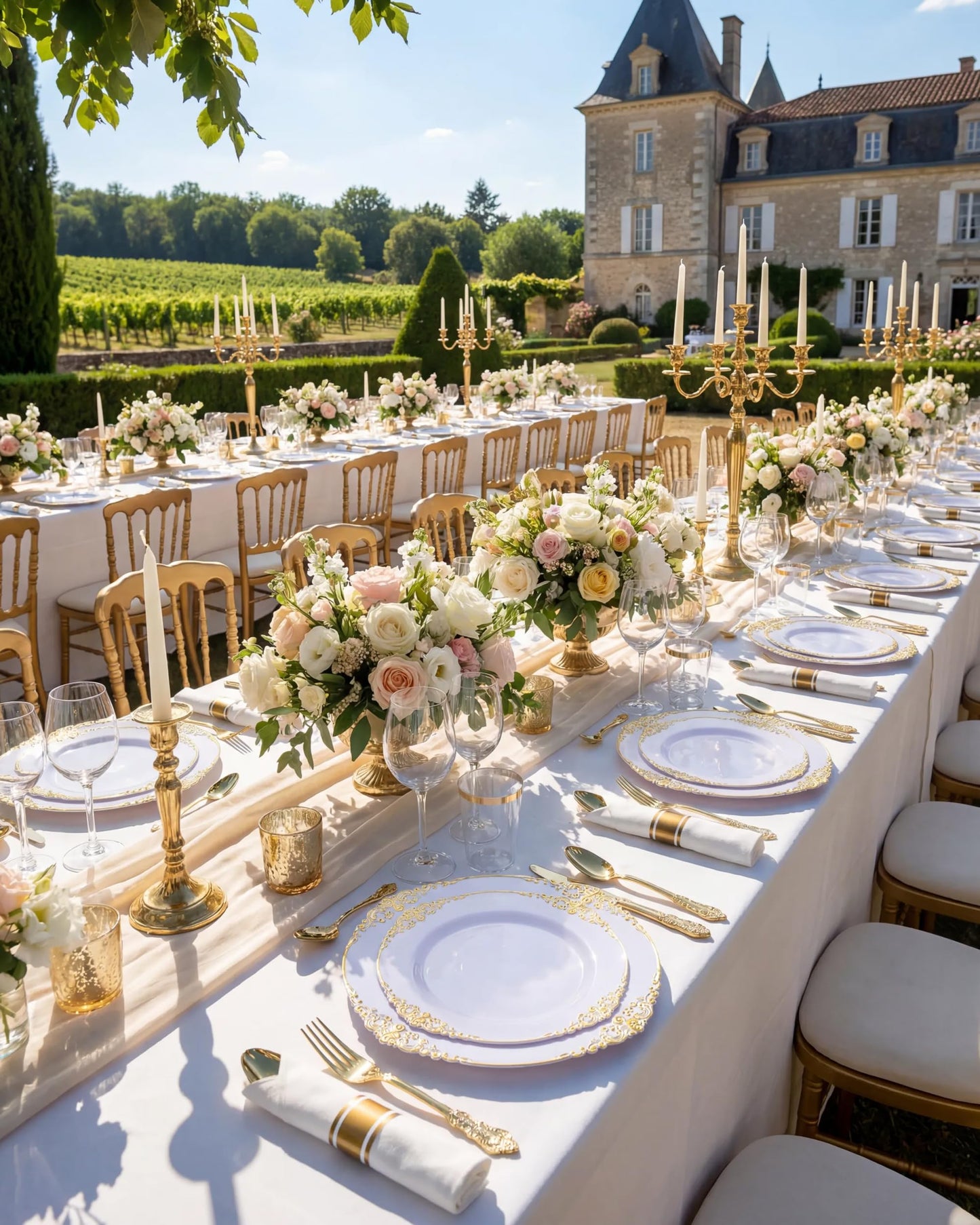 Nervure 350PCS Gold Plastic Plates - Gold Plastic Dinnerware Sets for 50 Guests - 100 Disposable Plates, 150 Silverware, 50 Cups, 50 Napkins for Wedding & Party & Mother's Day