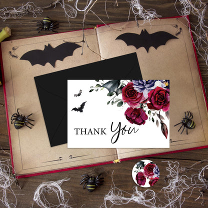 Whaline 36Pcs Halloween Thank You Cards with Envelopes Stickers Blood Red Flower Bat Greeting Cards Blank Note Card for Halloween Birthday Wedding Party Supplies