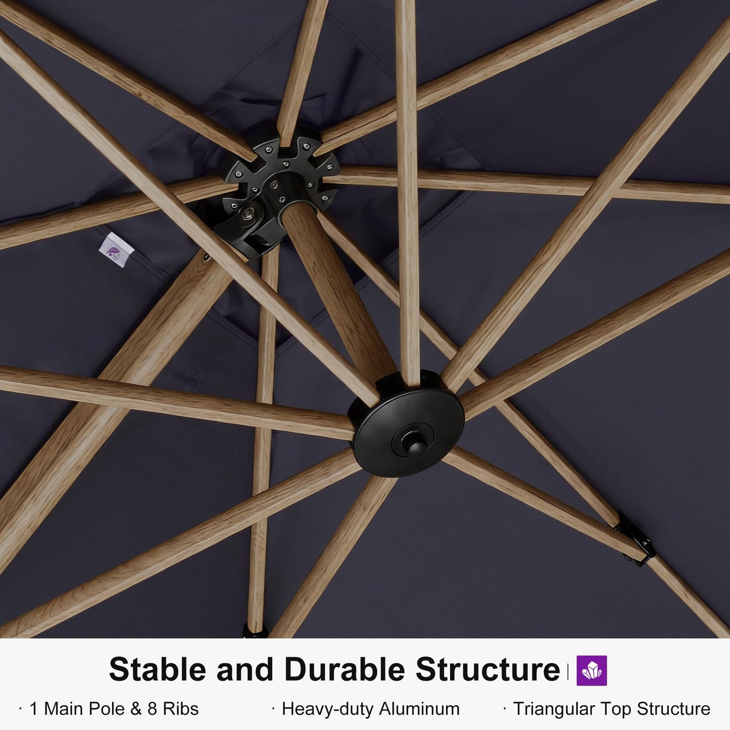 PURPLE LEAF 12FT Patio Umbrella Square Cantilever Umbrella Teak Finished Aluminum Frame Large Windproof Offset Outdoor Sun Umbrellas for Beach Pool Deck, Navy Blue