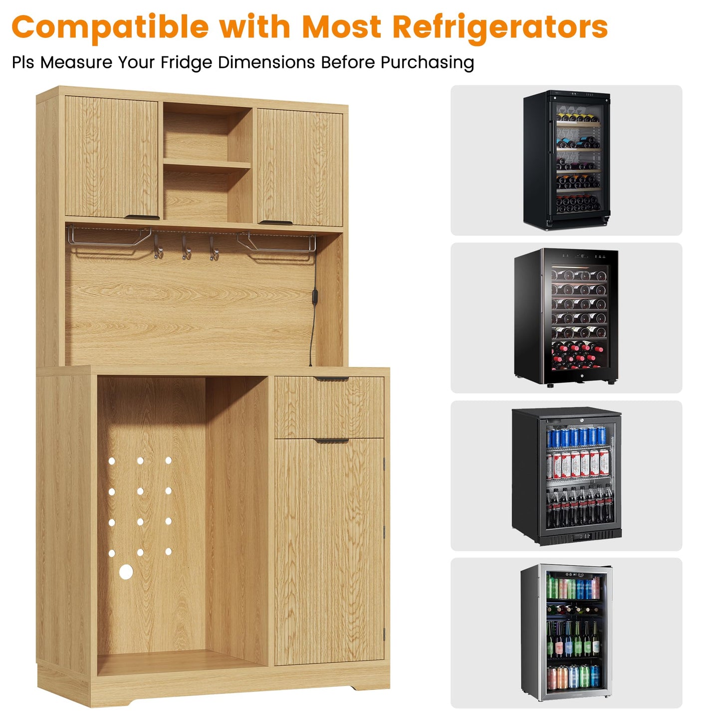 kepptory 72" Mini Fridge Cabinet with Storage, Coffee Bar Cabinet with Mini Fridge, Tall Coffee Bar Station with RGB LED Light, Wine Glass Holder, for Home Kitchen Living Room, Retro
