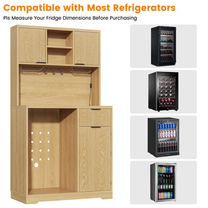 kepptory 72" Mini Fridge Cabinet with Storage, Coffee Bar Cabinet with Mini Fridge, Tall Coffee Bar Station with RGB LED Light, Wine Glass Holder, for Home Kitchen Living Room, Retro