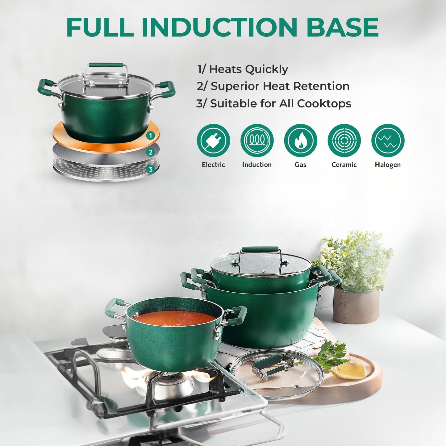 Granitestone Green Pots and Pans Set Nonstick, 6 Stackable Piece Cooking Pots Set, Kitchen Pots, Non Stick Coating, 5qt 3qt & 1.5qt Pots with Lids, Stay Cool Handles Dishwasher Safe 100% Toxin Free