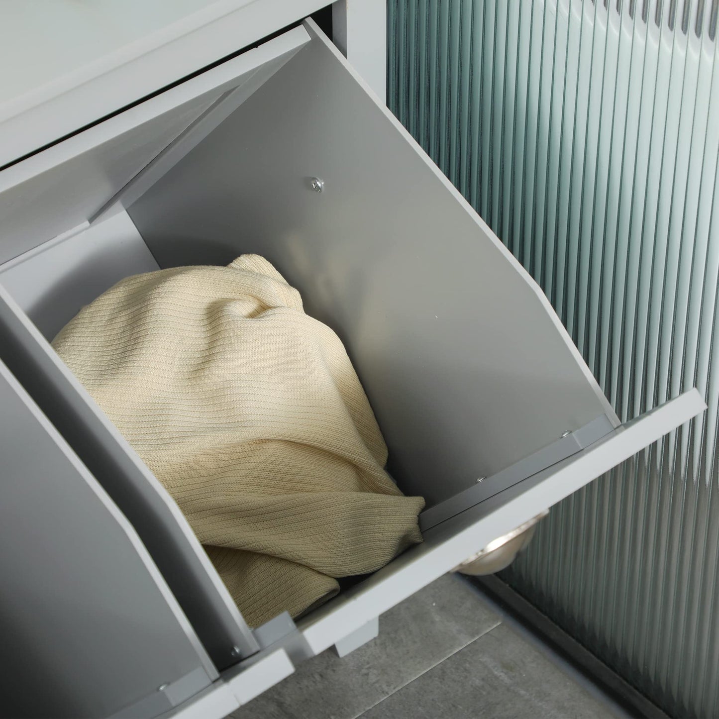 Tilt-Out Laundry Sorter Cabinet, Bathroom Storage Organizer with Two-Compartment Tilt-Out Hamper, Gray