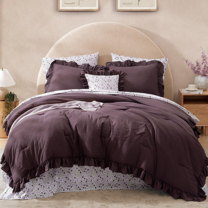 BLOOMHAVEN Queen Comforter Set - 7 Pieces Ruffle Purple Bedding Sets, Shabby Chic Farmhouse Bed in a Bag Queen with Ruffle Comforter, Floral Sheets, Pillowcases & Shams