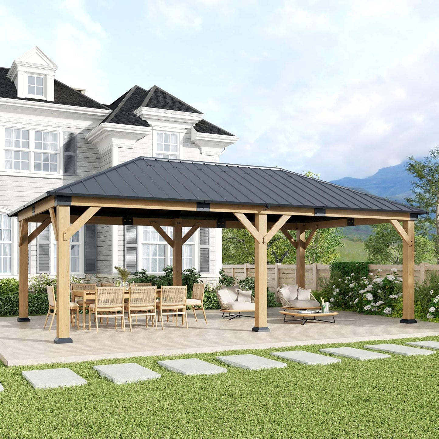 GOHONEI 12x20 ft Wood Gazebo, Hardtop Gazebo with Galvanized Steel Double Roof, Heavy Duty Pavilion for Patio Lawn and Garden