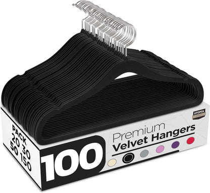 Utopia Home Velvet Hangers - 100 Pack Luxury Non-Slip Slim Coat & Pant Hangers | Space-Saving Black Design