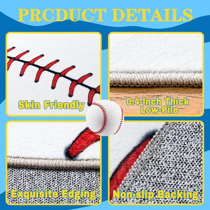 Washable,40 Inch Soft Round Rugs for Bedroom, Baseball Rug for Boys, Bedside Area Kids Carpet, Baseballs Lovers Home