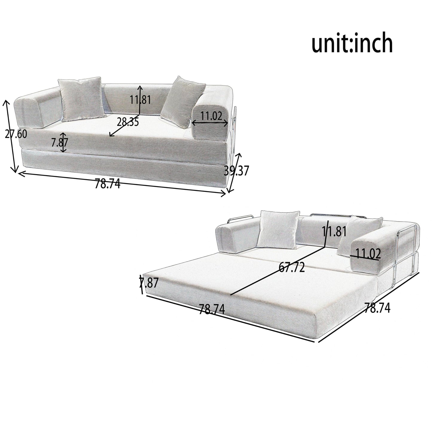 KEIKI Convertible Futon Floor Sofa Bed with Pillows, Corduroy Foldable Sleeper Couch for Living Room & Bedroom, Tangerine