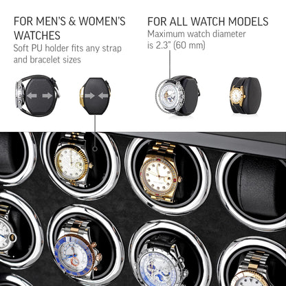 Watch Winder for 16 Automatic Watches with LED Light and LCD Touchscreen Control (Black + Black)