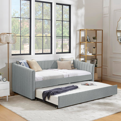 KEIKI Twin Size Upholstery Daybed with Erectable Trundle and Vertical Stripes, Twin to King Design Extendable Linen Sofa Bed, Easy Assembly, No Box Spring Required, for Living Room and Bedroom, Grey