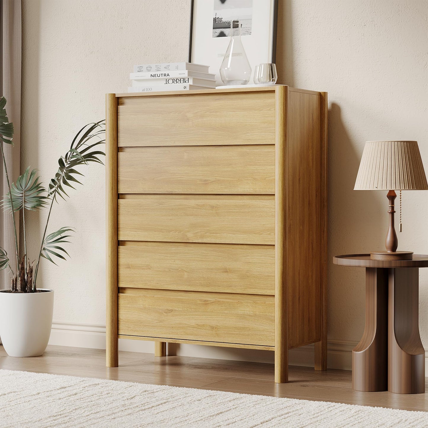 HOUROM 45" Tall 5-Drawer Dresser for Bedroom, Mid-Century Modern Chest with Solid Wood Legs, Concealed Handle,Large Wood Storage Organizer, Bedroom Storage,Oak
